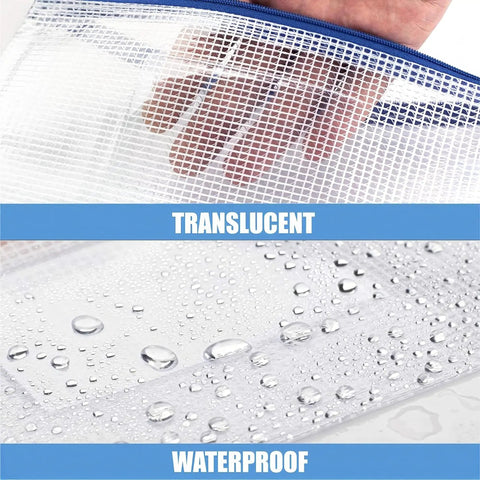 24 Pack Mesh Zipper Pouches With Label Pocket A6 Clear Pencil Cases showing translucent and waterproof features.