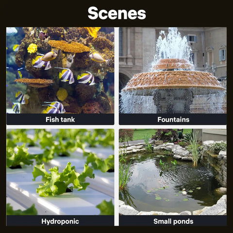 Scenes of 800GPH Submersible Water Pump For Ponds And Fountains Ultra Quiet 60W Pump with fish tank, fountain, hydroponic, and pond