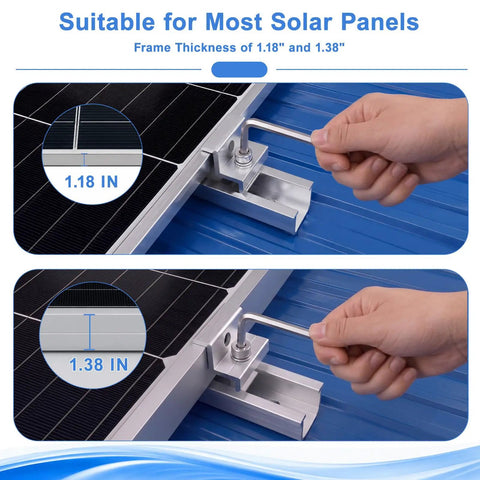 Kickass Heavy Duty Anodized Aluminum Solar Panel Roof Mount Hardware Kit For Four Panels Side By Side showing installation using wrench.