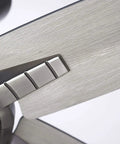 Close-up of blade and mount of 56 Inch Euclid Brushed Steel Ceiling Fan With LED Light Kit, Three 9.5W LED A19 Bulbs, Four Speed Slide Control