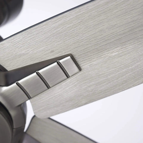 Close-up of blade and mount of 56 Inch Euclid Brushed Steel Ceiling Fan With LED Light Kit, Three 9.5W LED A19 Bulbs, Four Speed Slide Control