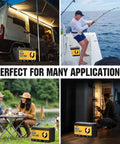 Collage of 12V 100Ah LiFePO4 Battery With Built In 120A BMS used in RVs, fishing, picnics, and home, highlighting versatility