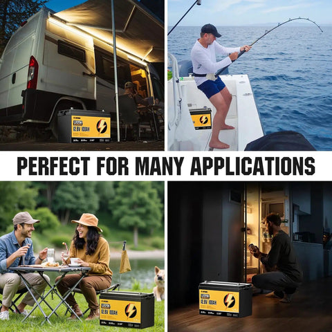 Collage of 12V 100Ah LiFePO4 Battery With Built In 120A BMS used in RVs, fishing, picnics, and home, highlighting versatility