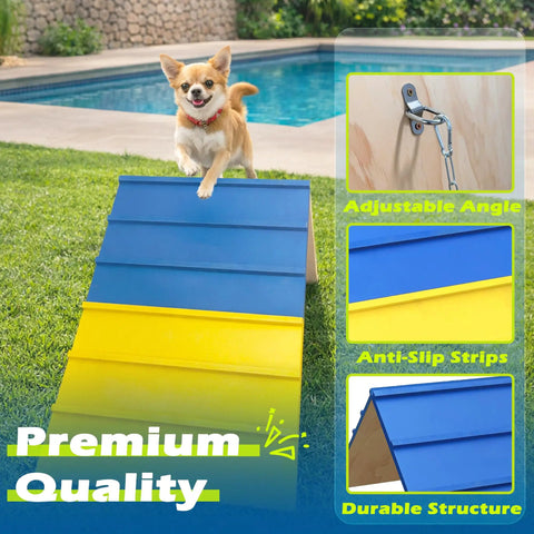 Backyard Dog Agility Course Set With Non Slip A Frame And 2 Chains, blue and yellow durable ramp, in use by small dog outdoors