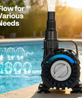 Beefy 100W Submersible Water Pump With Stepless Flow Control near pool showcasing 700-1800 GPH flow range with water spray