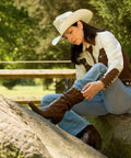 Cowboy wearing brown boots and hat sitting on a rock outdoors