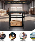 Heavy Duty Mobile Welding Table And Workbench For Garage And Shop Steel Platform with dual storage shelves and tool slots.