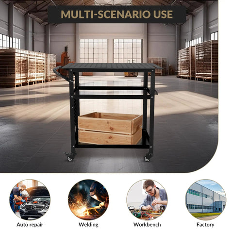 Heavy Duty Mobile Welding Table And Workbench For Garage And Shop Steel Platform with dual storage shelves and tool slots.