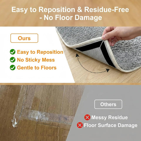 Hand lifting corner of rug to show Rug Corner Grippers 12 Pack With Triangle And Trapezoid Designs on hardwood floor
