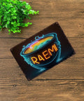 Funny Vintage Neon Ramen Japan Tin Sign Poster 8x12 Inch Metal Wall Art on wooden table with plant nearby