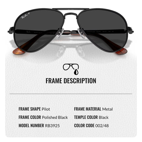 RB3925 Pilot Shape Polarized Sunglasses For Men And Women With Black Frame And Polarized Lenses, front view.