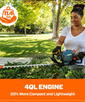 Person using Gas Powered Hedge Trimmer With 26.5cc Engine, 22 Inch Cut Dual Action Blades for clean cuts on hedges.