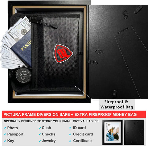 Diversion Safe Picture Frame With Hidden Compartment And Fireproof Waterproof Money Bag For Cash And Valuables, 5x7 Inch
