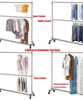 Commercial Grade Double Rod Garment Rack With Z Base, 63 Inch Tall, Holds Up To 600 Lb, setup with customizable rod positions.