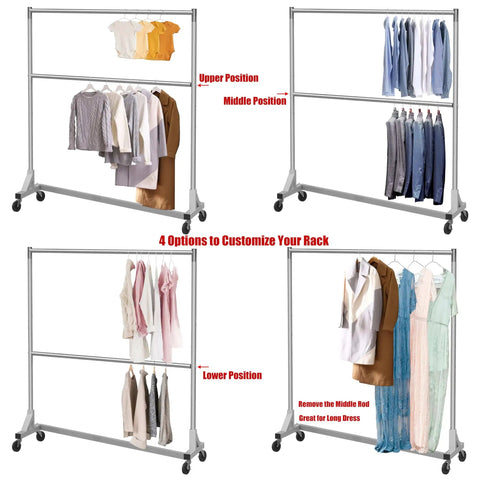 Commercial Grade Double Rod Garment Rack With Z Base, 63 Inch Tall, Holds Up To 600 Lb, setup with customizable rod positions.