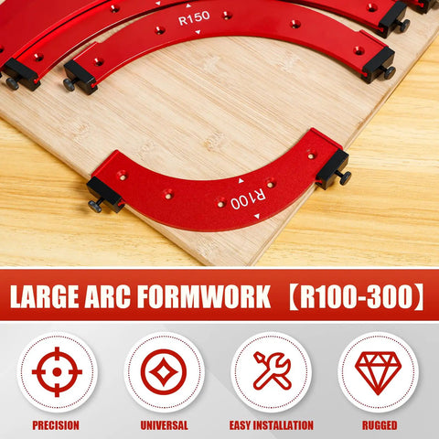 No Sweat Five Piece Round Corner Radius Template Set Tough Aluminum Alloy Router Jig For Quick Woodworking Arc Angle Positioning And Snappy Edge Layout displayed on a wooden surface, showcasing R100 to R300 sizes.