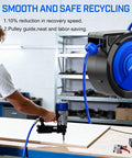80 Ft Retractable Air Hose Reel Ultimate Garage Workhorse For Air Compressors 300 Psi Max 3 8 Inch Hybrid Tubing in use with a nail gun.