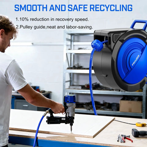 80 Ft Retractable Air Hose Reel Ultimate Garage Workhorse For Air Compressors 300 Psi Max 3 8 Inch Hybrid Tubing in use with a nail gun.