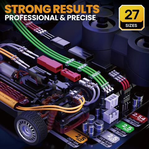 Close-up of All In One Crimping Tool And Connector Kit with various JST XH SM SYP 2.5mm connectors displayed in organized layout.