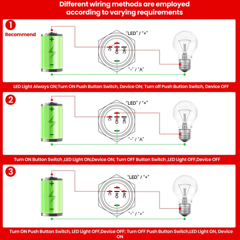 Diagram showing wiring methods for Beefy Rugged Heavy Duty 16mm Latching Push Button Switch 12V DC IP65 Waterproof with LED