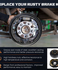 Installed rusty trailer drum brake assembly with backing plate, springs and hub on axle.