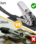 Comparison of Stainless Steel Ratchet Tie Down Straps with a competitor’s worn tie down, highlighting durability and design