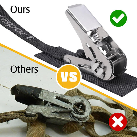 Comparison of Stainless Steel Ratchet Tie Down Straps with a competitor’s worn tie down, highlighting durability and design