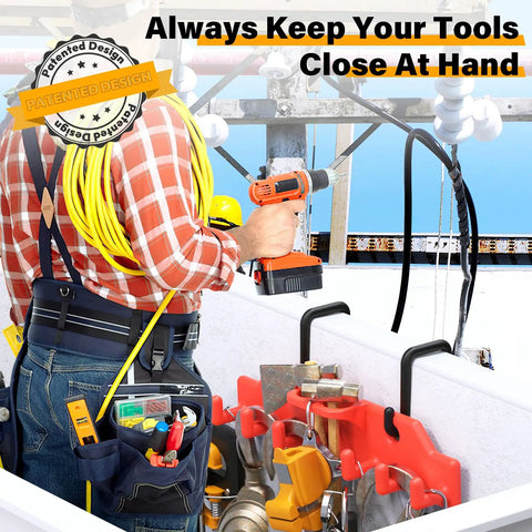 Bucket Truck Hook Organizer And Lineman Tool Board with Six Extended Hooks and Two Rounded Loops, Patented Design on bucket