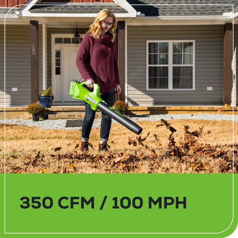 Person using 40V Brushless Cordless Blower from the 40V 16-Inch Brushless Cordless Lawn Mower, Blower, And 13-Inch Trimmer Combo