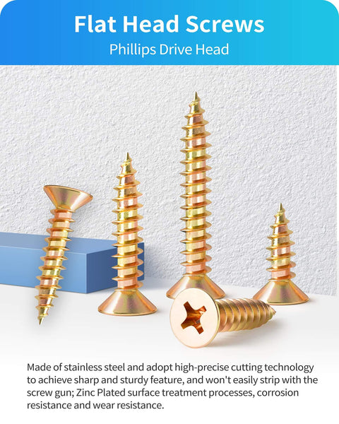 600 Piece Stainless Steel Wood Screws Kit With Zinc Plated Finish, Phillips Flat Head Self Tapping Screws displayed on surface