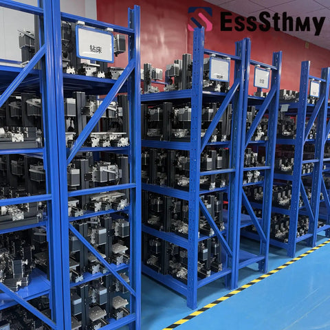 EssSthmy 60W Mini Metal Lathe 12000 RPM Desktop Woodworking Tool assembled on blue shelving, showcasing compact design and materials.