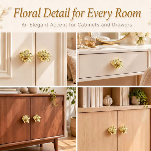 Killer Antique Brass Flower Drawer Knobs Top Notch Zinc Alloy Cabinet Pulls Heavy Duty Vintage Hardware No Hassle Installation Set Of Four For Dressers Cabinets And Pantry Refreshes displayed on various furniture.