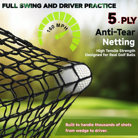 5-ply mesh of 10x7ft Golf Hitting Practice Net for Real Golf Balls with speedometer reading 160 MPH