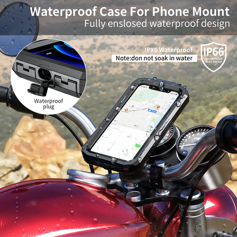 IP66 Waterproof Bike Phone Mount With Aluminum Alloy Handlebar Base, showing case and plug on motorcycle, touchscreen display visible