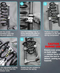 Image showing steps to use Heavy Duty Coil Spring Compressor Set, 2 Pack With Safety Bracket And Guard Bar for vehicles.