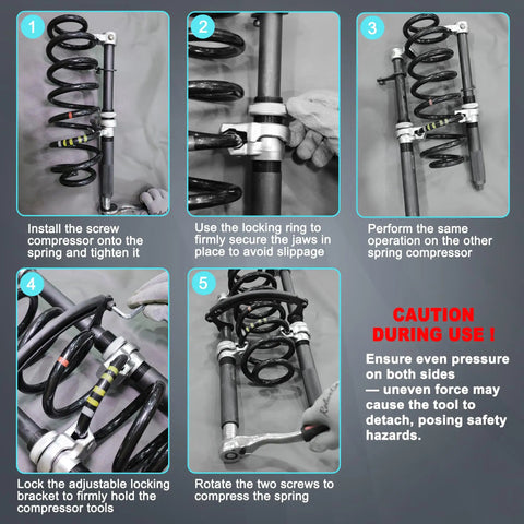 Image showing steps to use Heavy Duty Coil Spring Compressor Set, 2 Pack With Safety Bracket And Guard Bar for vehicles.