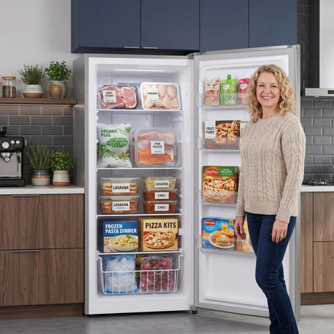 Woman smiling next to a Super Roomy Fourteen Cubic Foot Frost Free Upright Freezer With Digital Controls And Heavy Duty Wire Shelves.