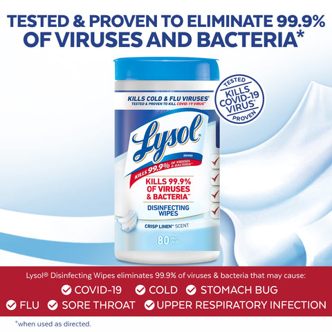 Disinfecting Wipes For Dorm Room Essentials Multi Surface Antibacterial Cleaning Wipes That Kill Ninety Nine Point Nine Percent Of Viruses And Bacteria COVID 19 Safe Crisp Linen Scent Eighty Count Quick Cleanup packaging with 80 count label.