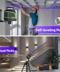 360 Degree Laser Level With Pulse Mode And Self Leveling, 165 Feet Range, Three Brightness Levels, Rechargeable Li Ion Battery, Purple Line Laser Tool For DIY Home Projects mounted on wall and tripod