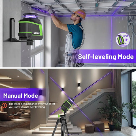 360 Degree Laser Level With Pulse Mode And Self Leveling, 165 Feet Range, Three Brightness Levels, Rechargeable Li Ion Battery, Purple Line Laser Tool For DIY Home Projects mounted on wall and tripod