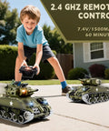 Child playing with One Eighteen Scale Alloy M4A3 Sherman RC Tank with Smoke, Sound, LED Lights, Recoil, 2.4 GHz Remote Control