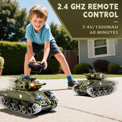 Child playing with One Eighteen Scale Alloy M4A3 Sherman RC Tank with Smoke, Sound, LED Lights, Recoil, 2.4 GHz Remote Control