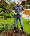 Person using Bulb Planter And All In One Lawn Plugger Tool With Long Handle Serrated Base for transplanting in garden