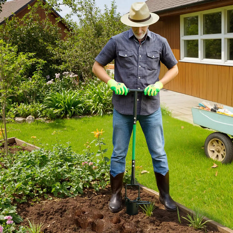 Person using Bulb Planter And All In One Lawn Plugger Tool With Long Handle Serrated Base for transplanting in garden