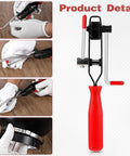 Universal CV Joint Boot Clamp Pliers Kit 22 Piece Set with red-handled pliers and clamp bands in use on a wooden surface.