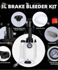 Collage showing 3L Brake Bleeder Kit with manual pressure relief, 38.7ft oil pipe, and PSI gauge for DIY brake bleeding.