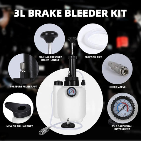 Collage showing 3L Brake Bleeder Kit with manual pressure relief, 38.7ft oil pipe, and PSI gauge for DIY brake bleeding.