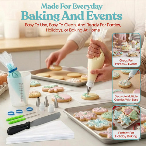 Versatile Big Time Premium 67 Piece Cookie Decorating Kit Featuring Royal Icing Tools, piping bags, and spatula for baking.