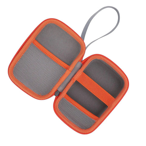 Open Hard EVA Case For Kids Music Player With Velvet Lining showcasing mesh pockets and elastic straps, ideal for card and cable storage.