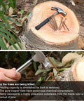 20 Pcs Pure Copper Nails For Killing Trees Kit on tree stump with hammer nearby, includes 3.5 inch spikes and large steel nails. Stump removal tool.